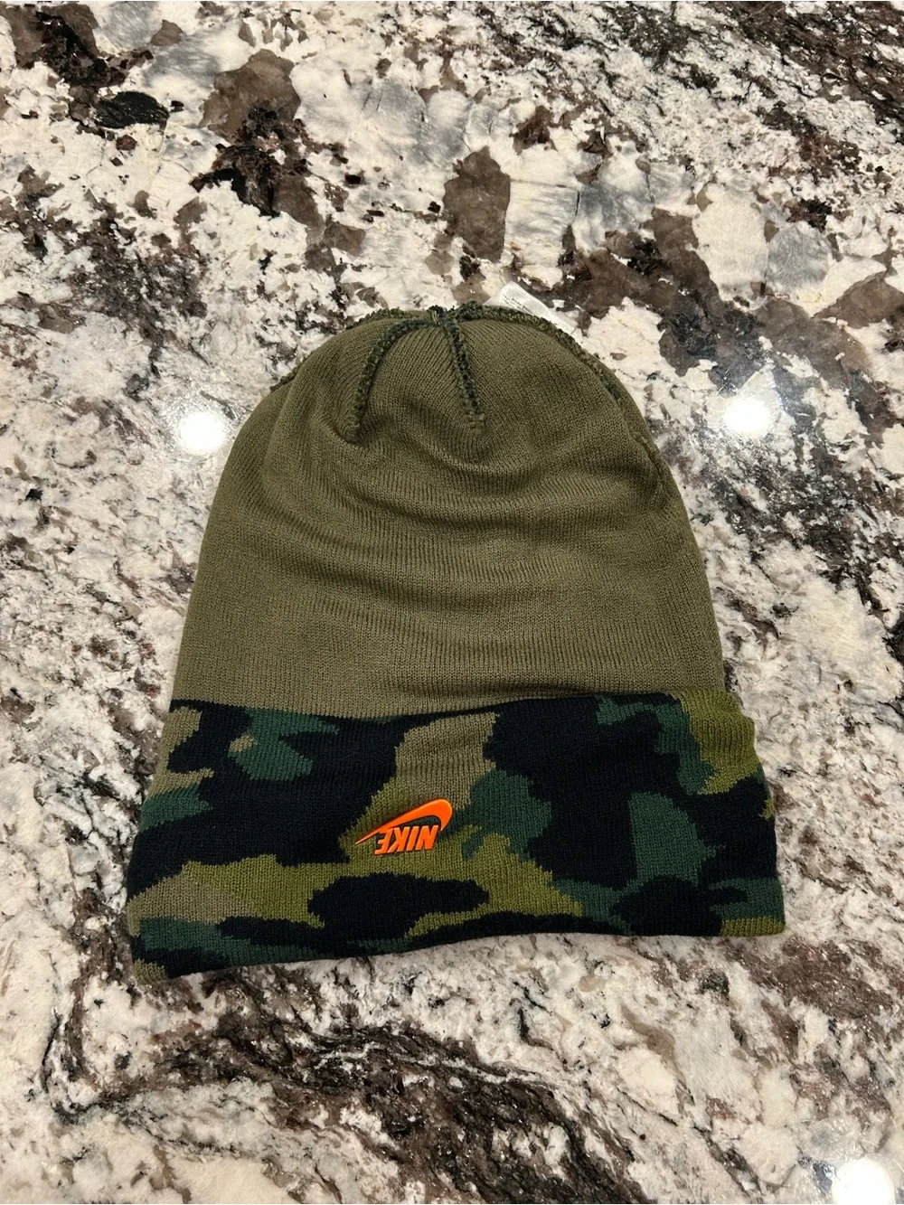 Nike Kids Camo Pom Beanie in Green, Black with Orange Logo